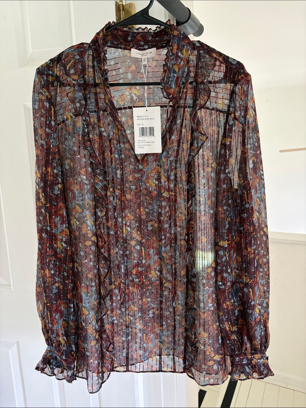 Lafayette 148 New York Antique Multi Floral Sheer Ruffle Blouse